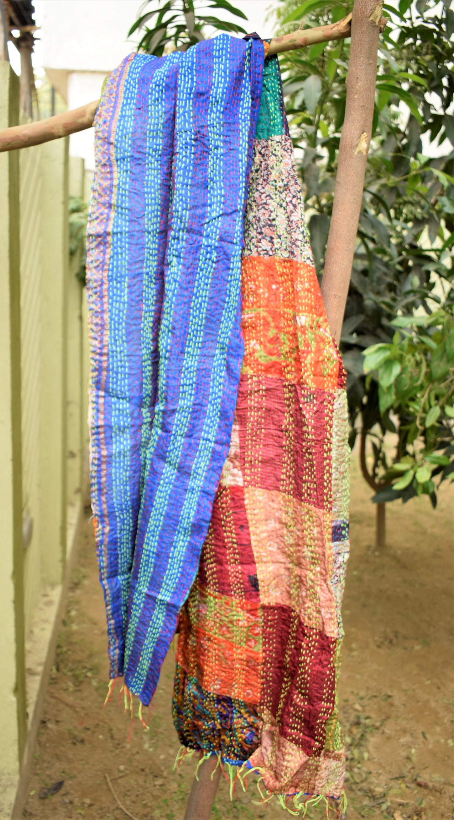 Blue Bird: Multicolored Silk Kantha Stole