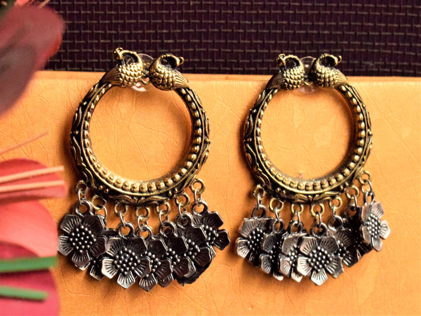 Golden and Silver Floral Peacock Hoop Earring