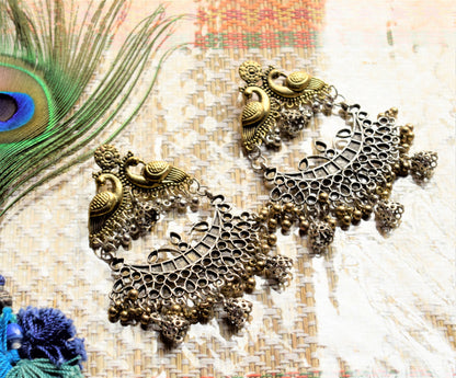 Large German Silver and Golden Peacock Chandbali