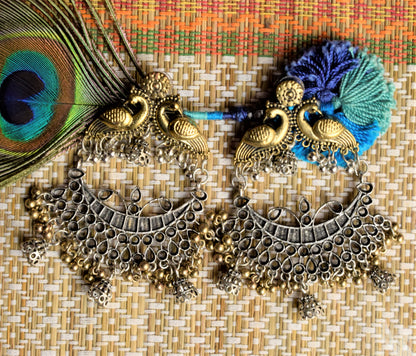 Large German Silver and Golden Peacock Chandbali