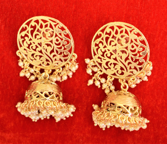 Matt Gold Carved Jhumka Earring - GlitterGleam