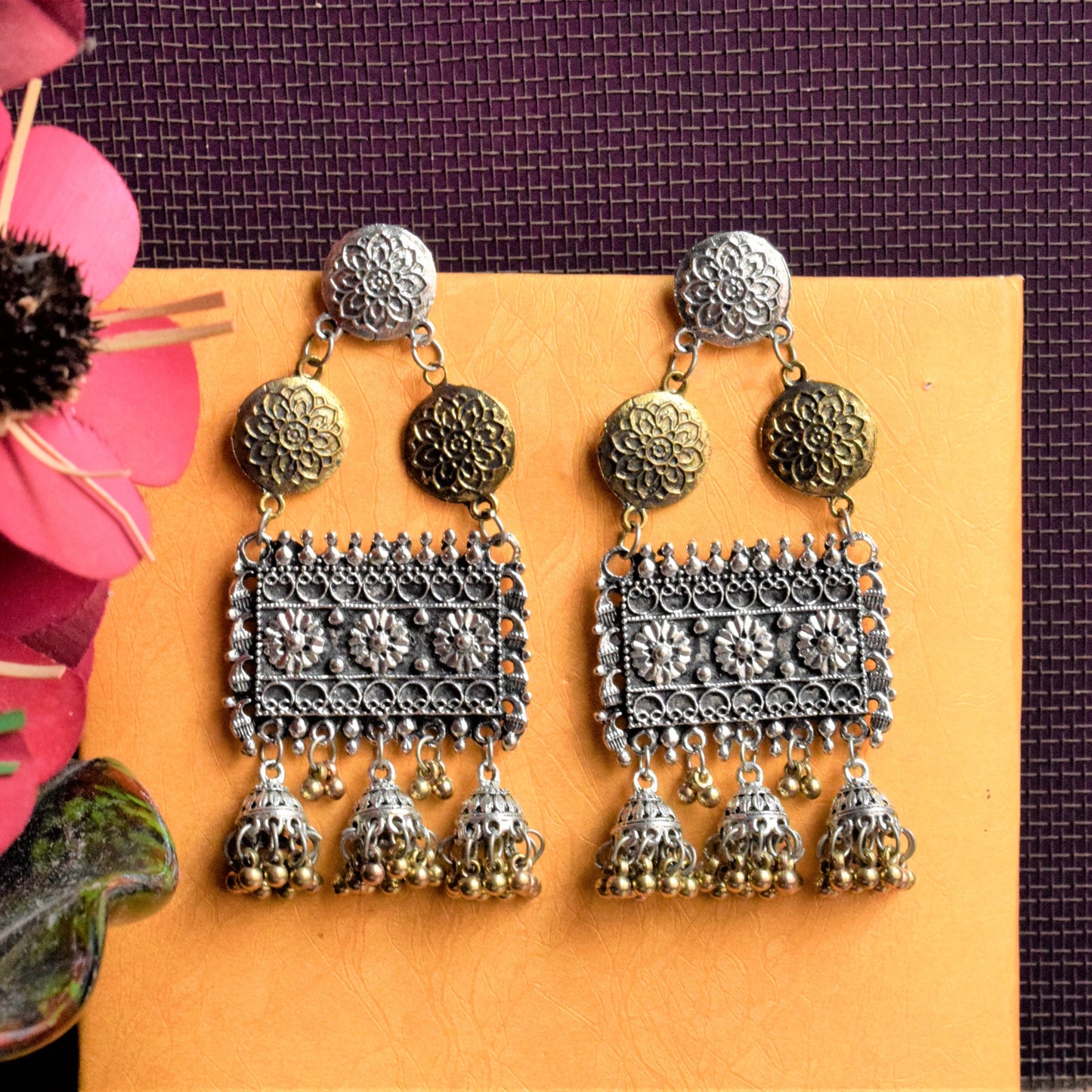 Golden and German Silver Designer Phoolsej Jhumka Earring