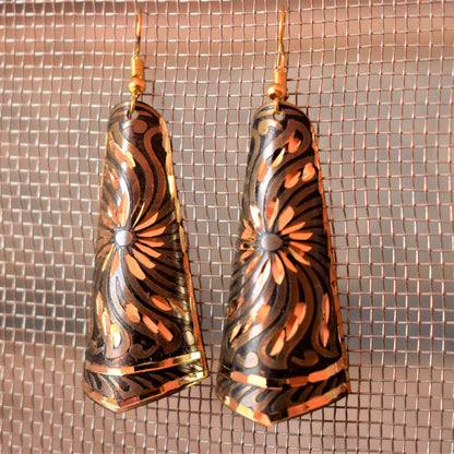 Long Shaded Carved Metal Danglers - GlitterGleam