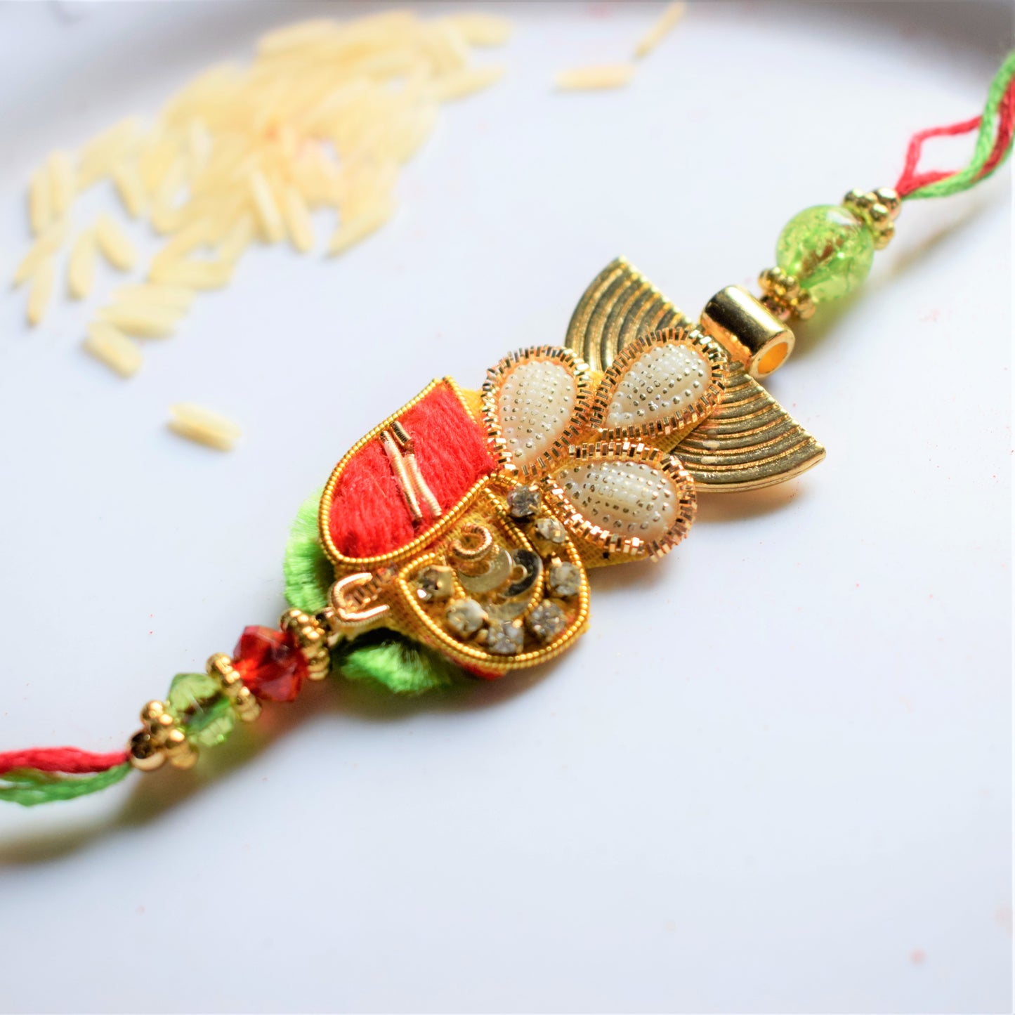 Green and Red Half-Coin Boho Rakhi