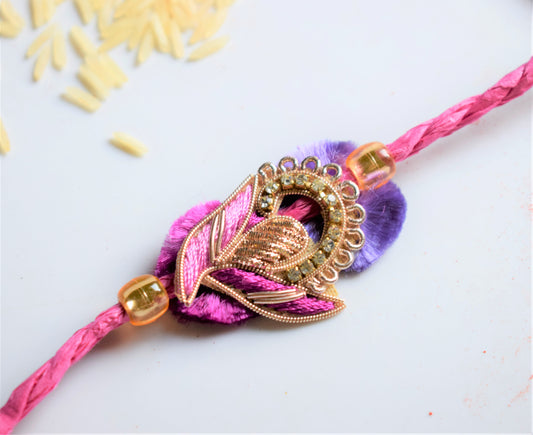 Traditional Zardozi Peacock Rakhi (Pink and Purple)