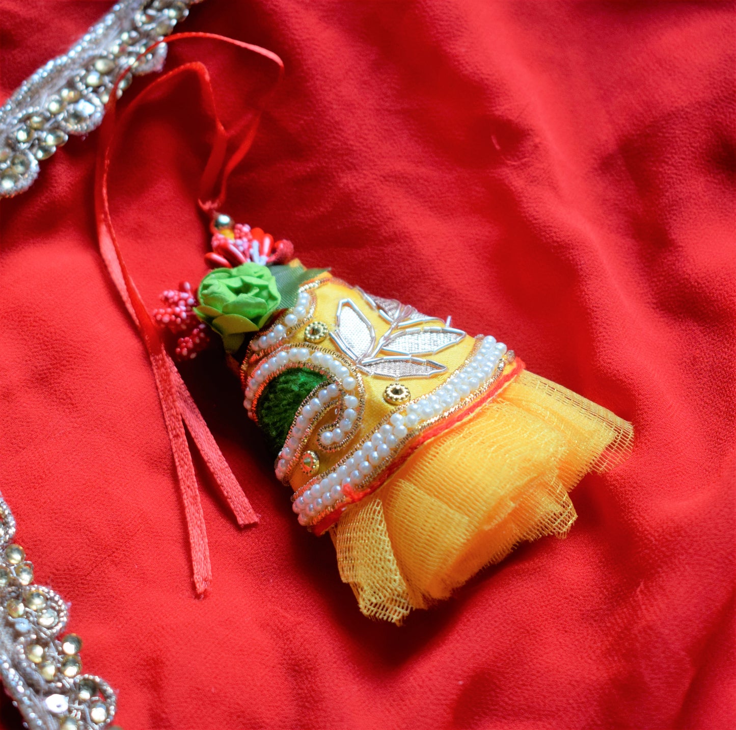 Bright Yellow Gota and Pearl Lumba Rakhi