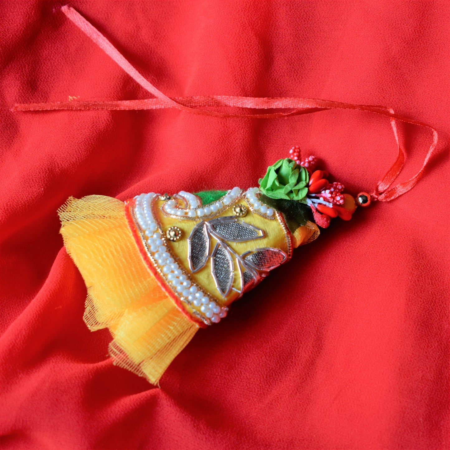 Bright Yellow Gota and Pearl Lumba Rakhi