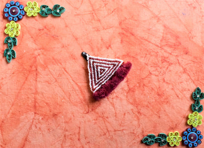 Triangular Maroon and White Bead Pom Pom Hair Clip