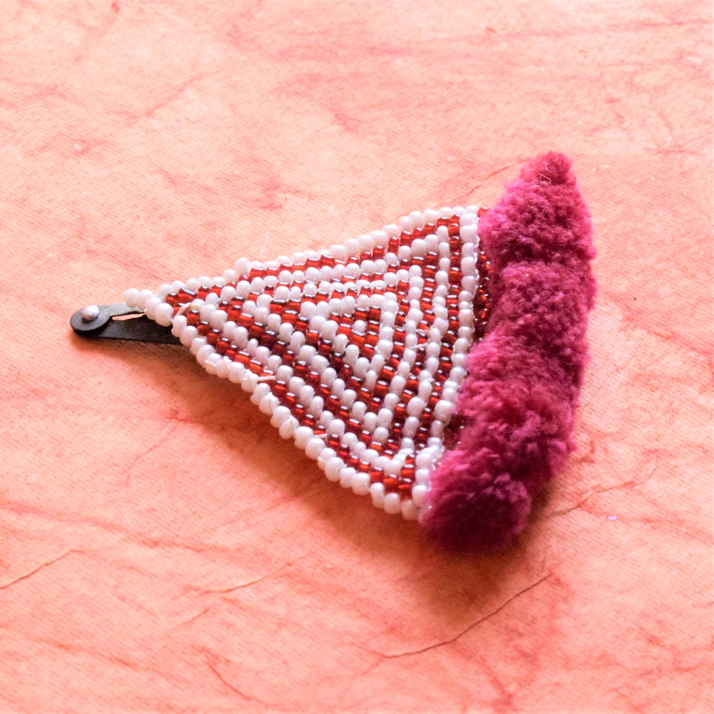 Triangular Maroon and White Bead Pom Pom Hair Clip