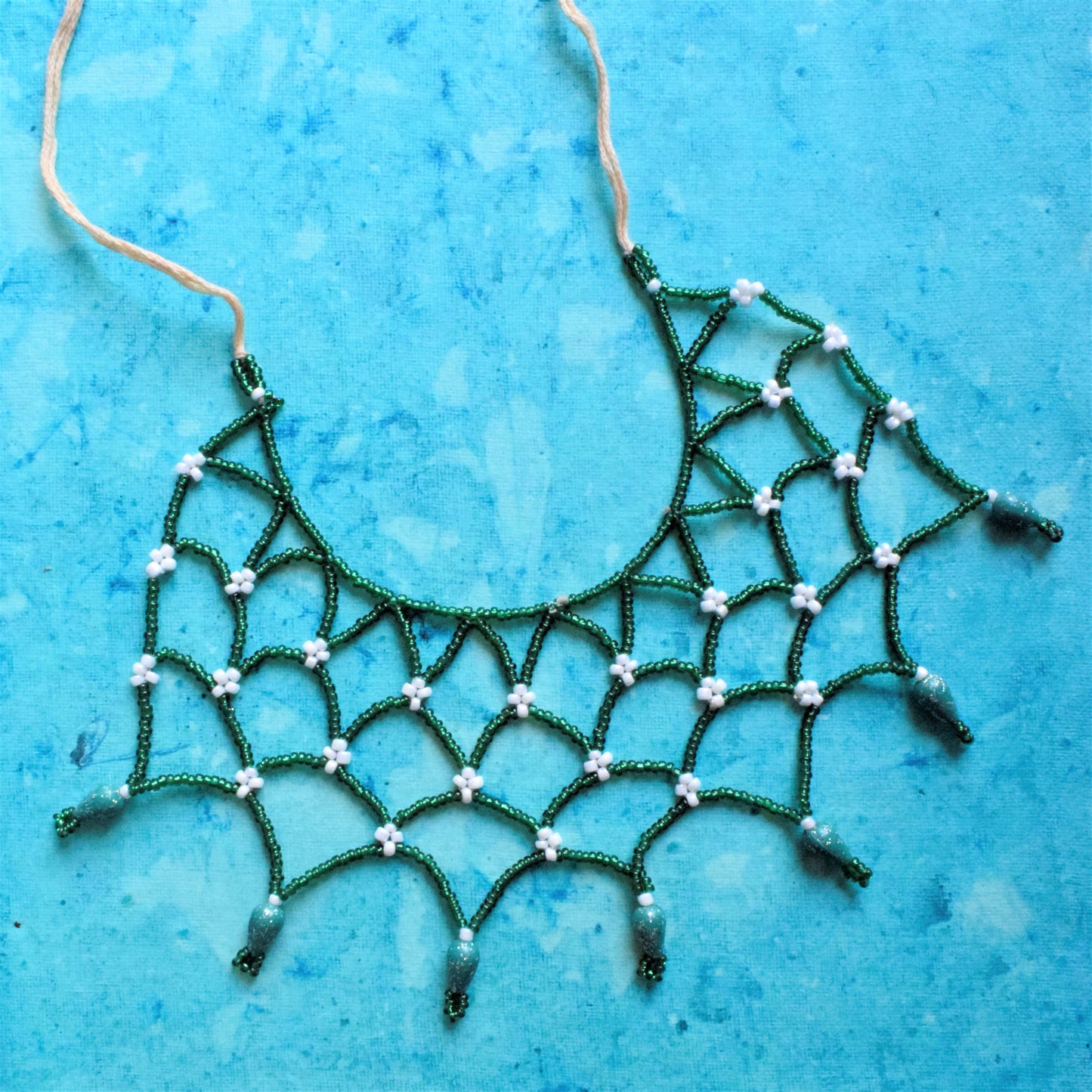 Green and Yellow Bead Fish Net Crochet Choker Necklace