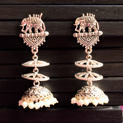 Silver Oxidised Elephant Chatri Jhumka