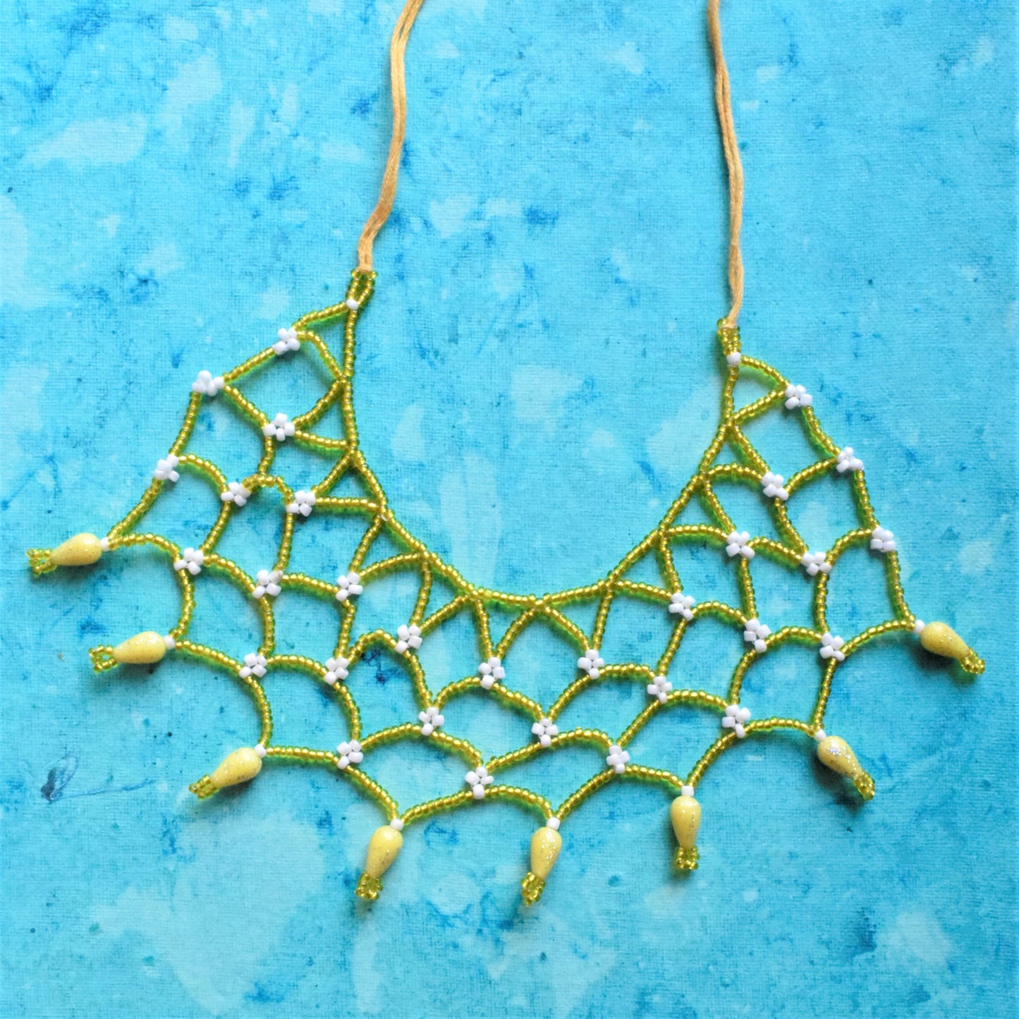 Green and Yellow Bead Fish Net Crochet Choker Necklace