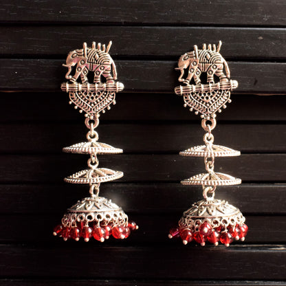 Silver Oxidised Elephant Chatri Jhumka
