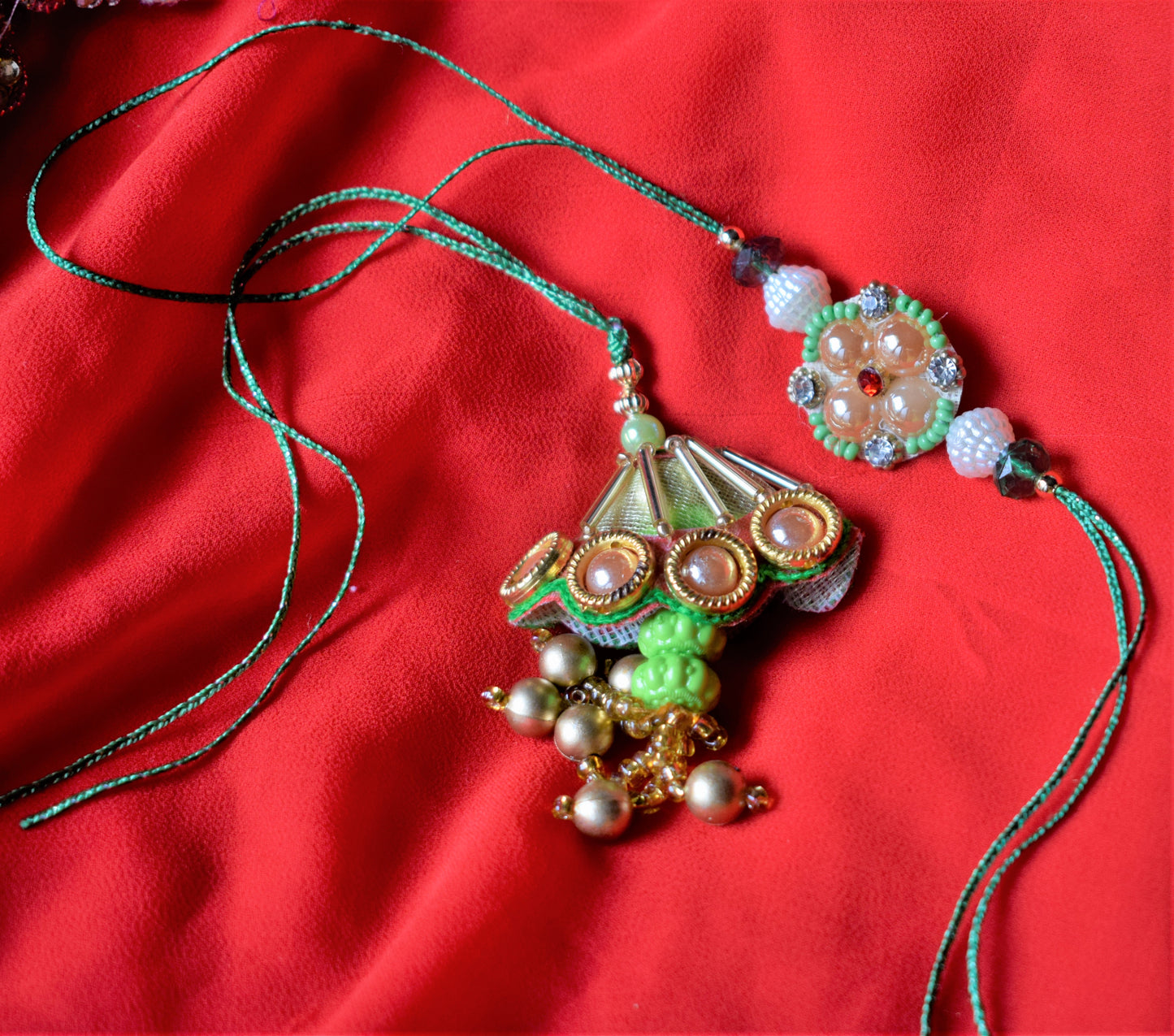 Pearl and Bead Green Rakhi and Lumba Set