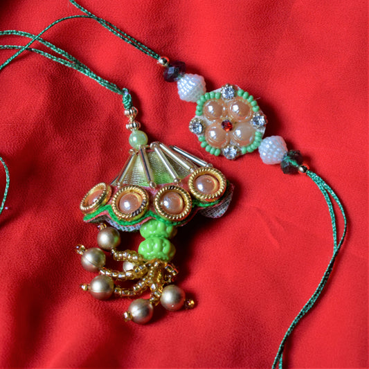 Pearl and Bead Green Rakhi and Lumba Set