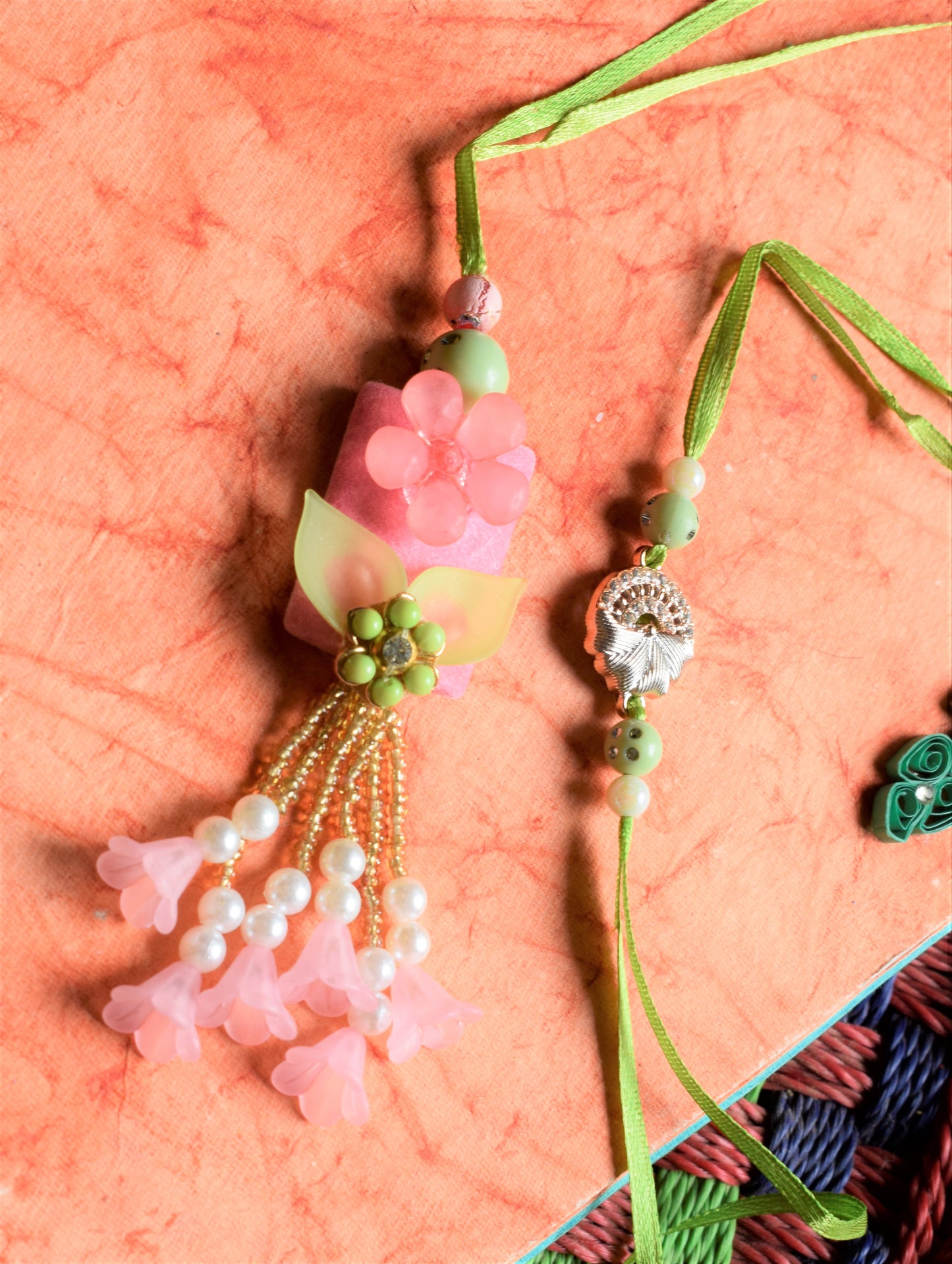 Floral Ecstasy Rakhi and Lumba Set (Pink and Green)