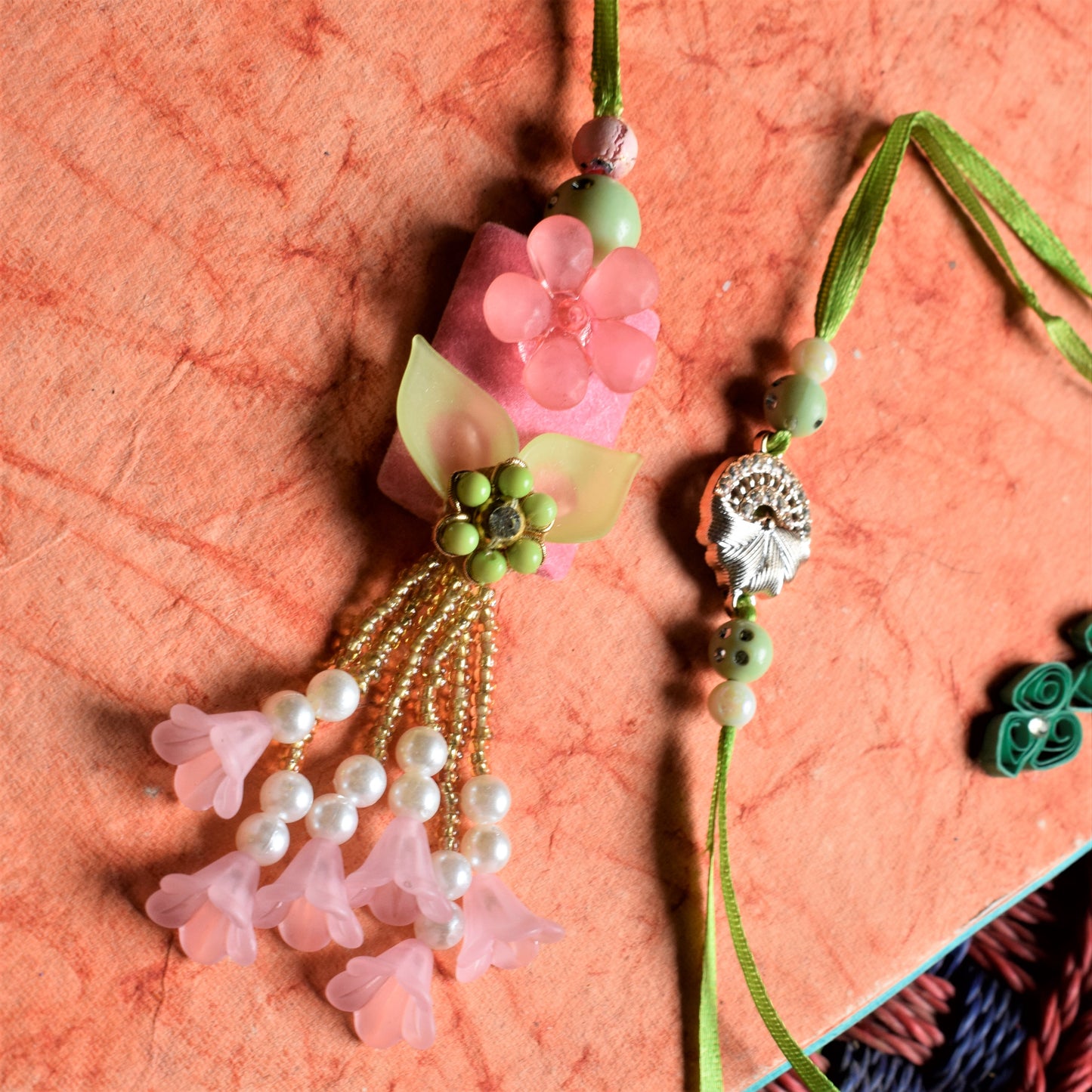 Floral Ecstasy Rakhi and Lumba Set (Pink and Green)