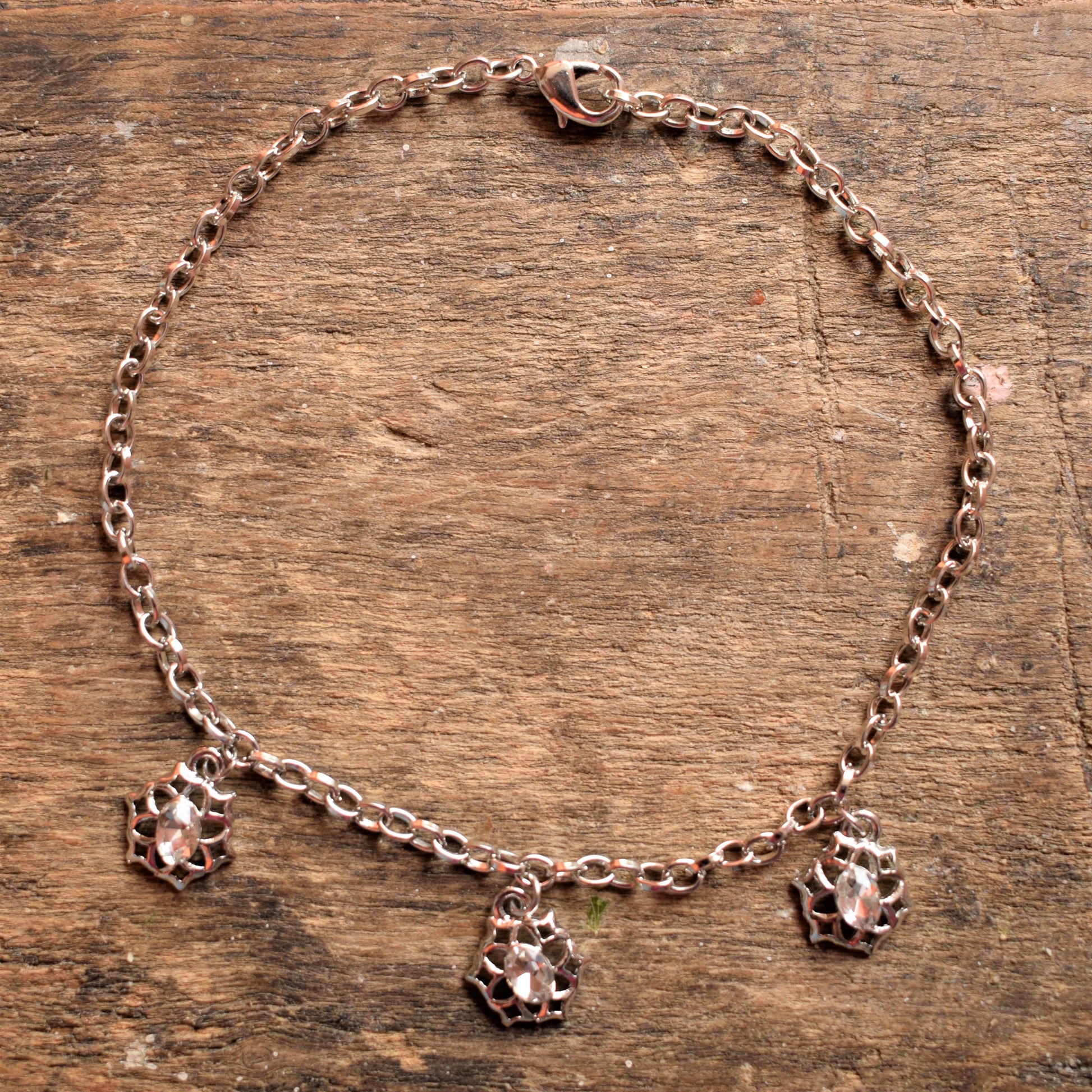Silver Floral Crystal Chain Anklet (Single) - GlitterGleam