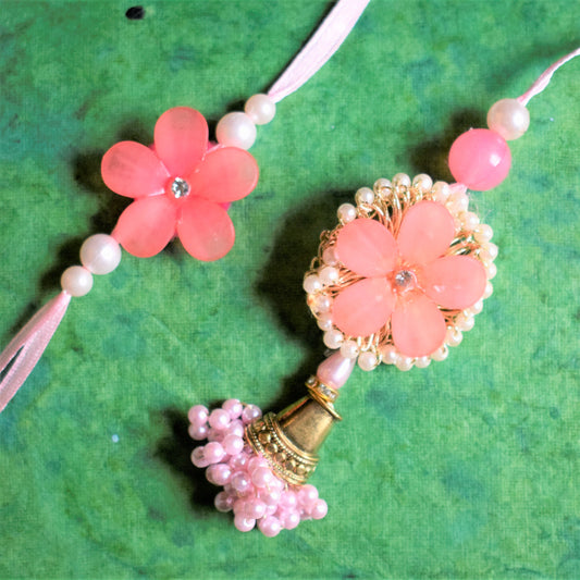 Flower and Bell Rakhi Lumba Set (Pink and Peach)