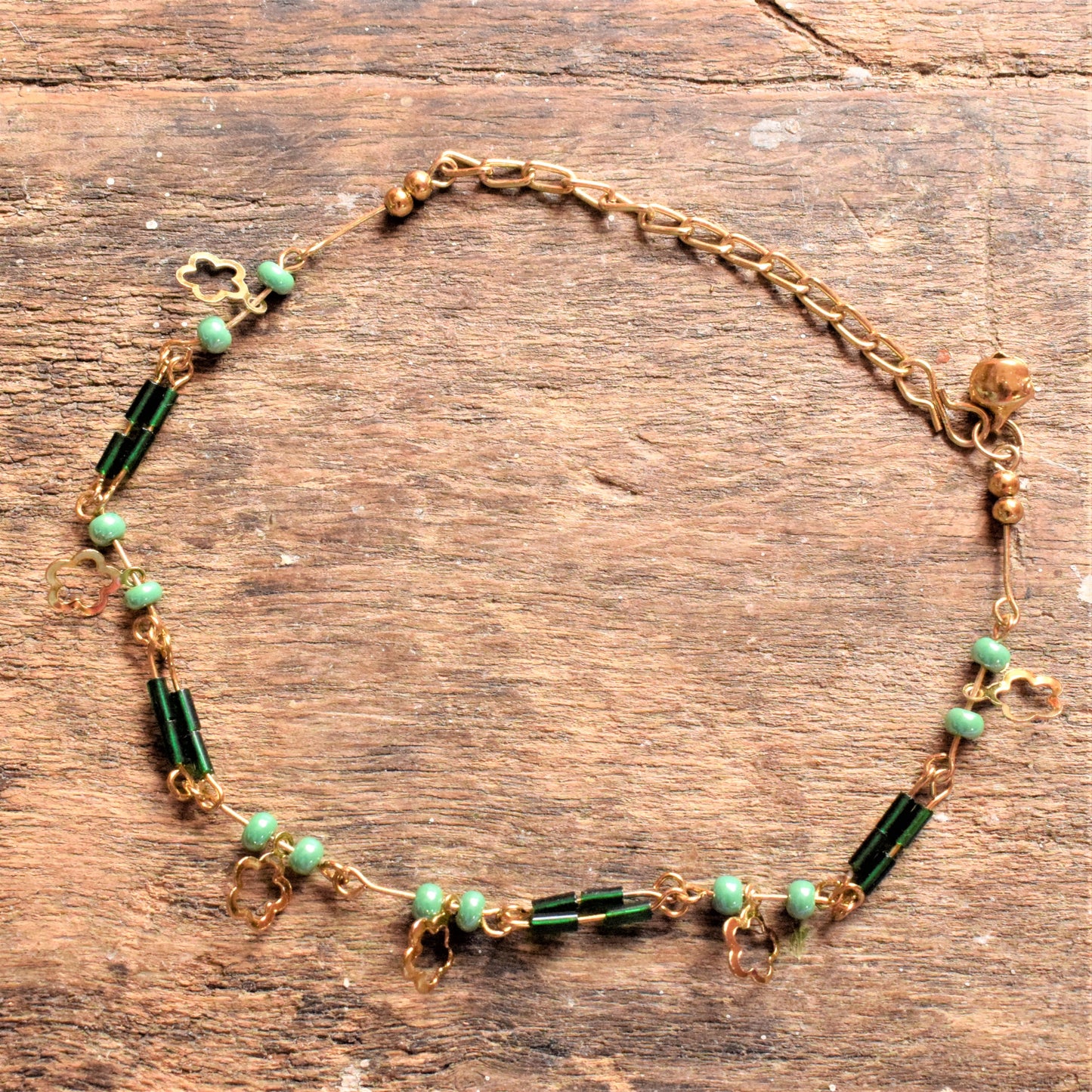Golden and Green Bead Anklet with Floral Hanging - GlitterGleam