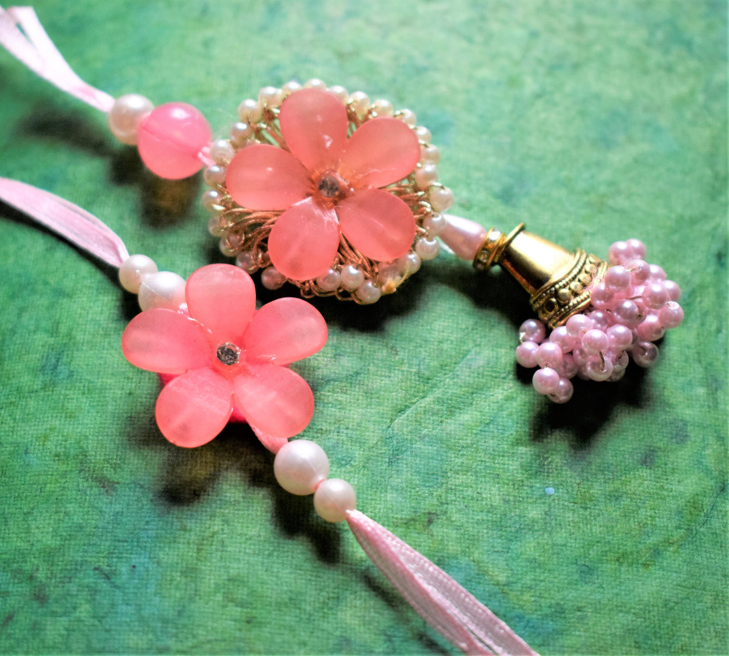 Flower and Bell Rakhi Lumba Set (Pink and Peach)