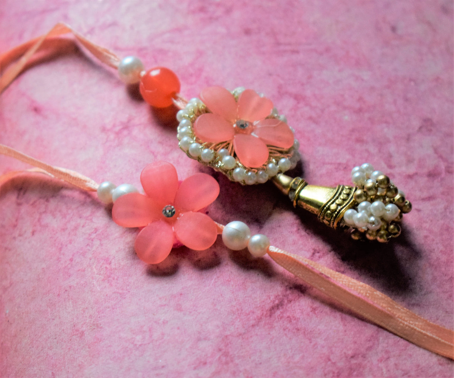 Flower and Bell Rakhi Lumba Set (Pink and Peach)