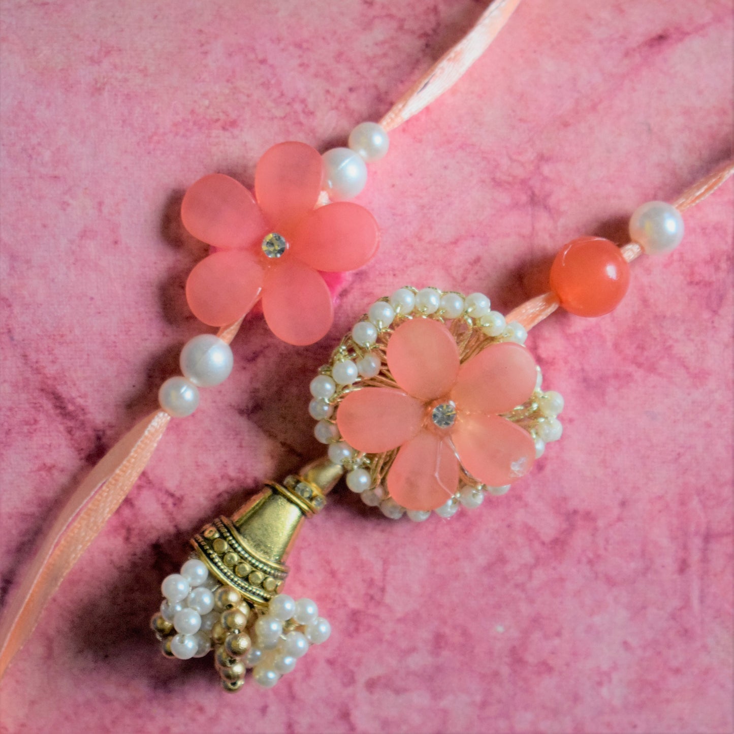 Flower and Bell Rakhi Lumba Set (Pink and Peach)