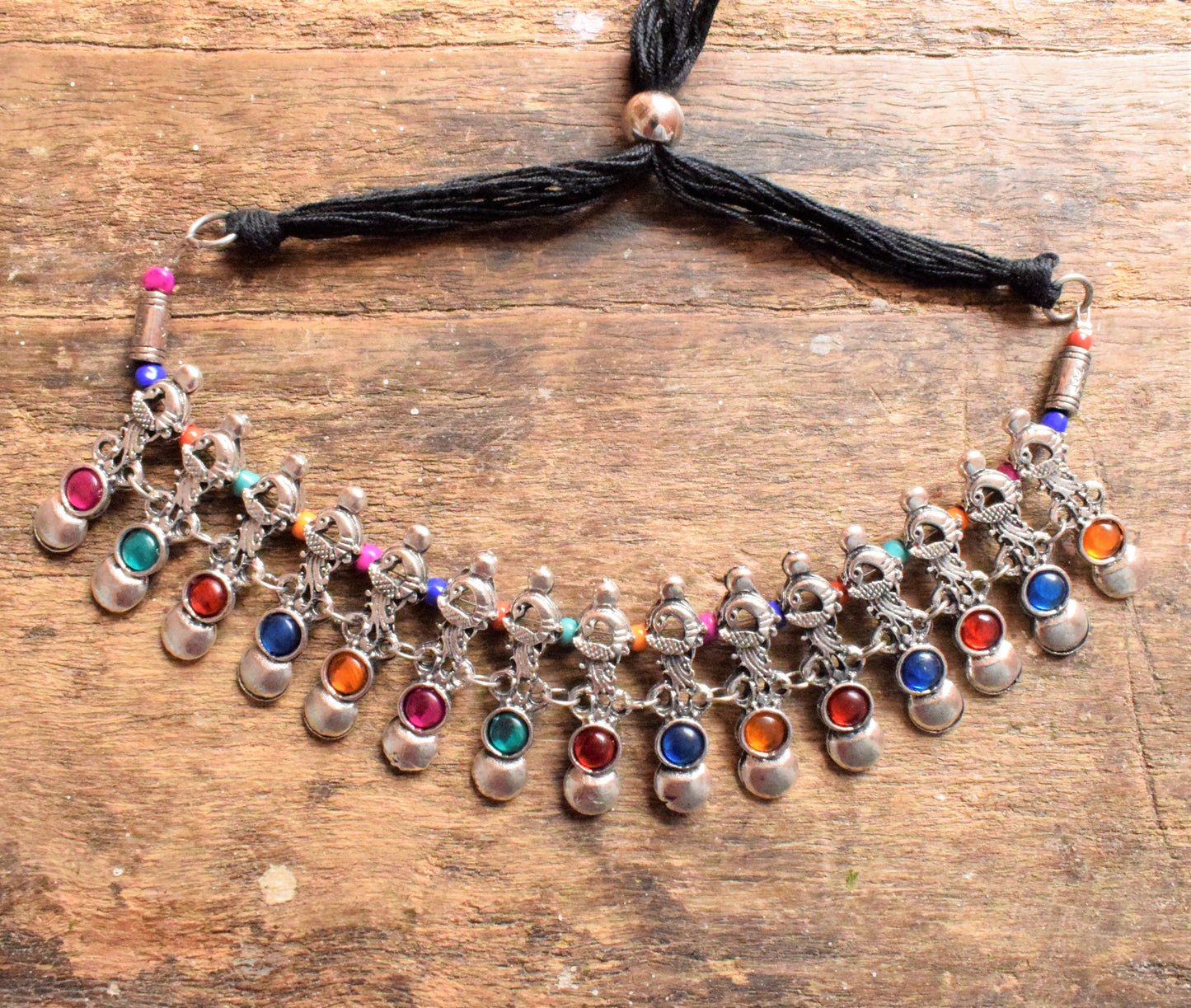 Designer Gemstone Silver Oxidised Peacock Thread Choker Necklace - GlitterGleam
