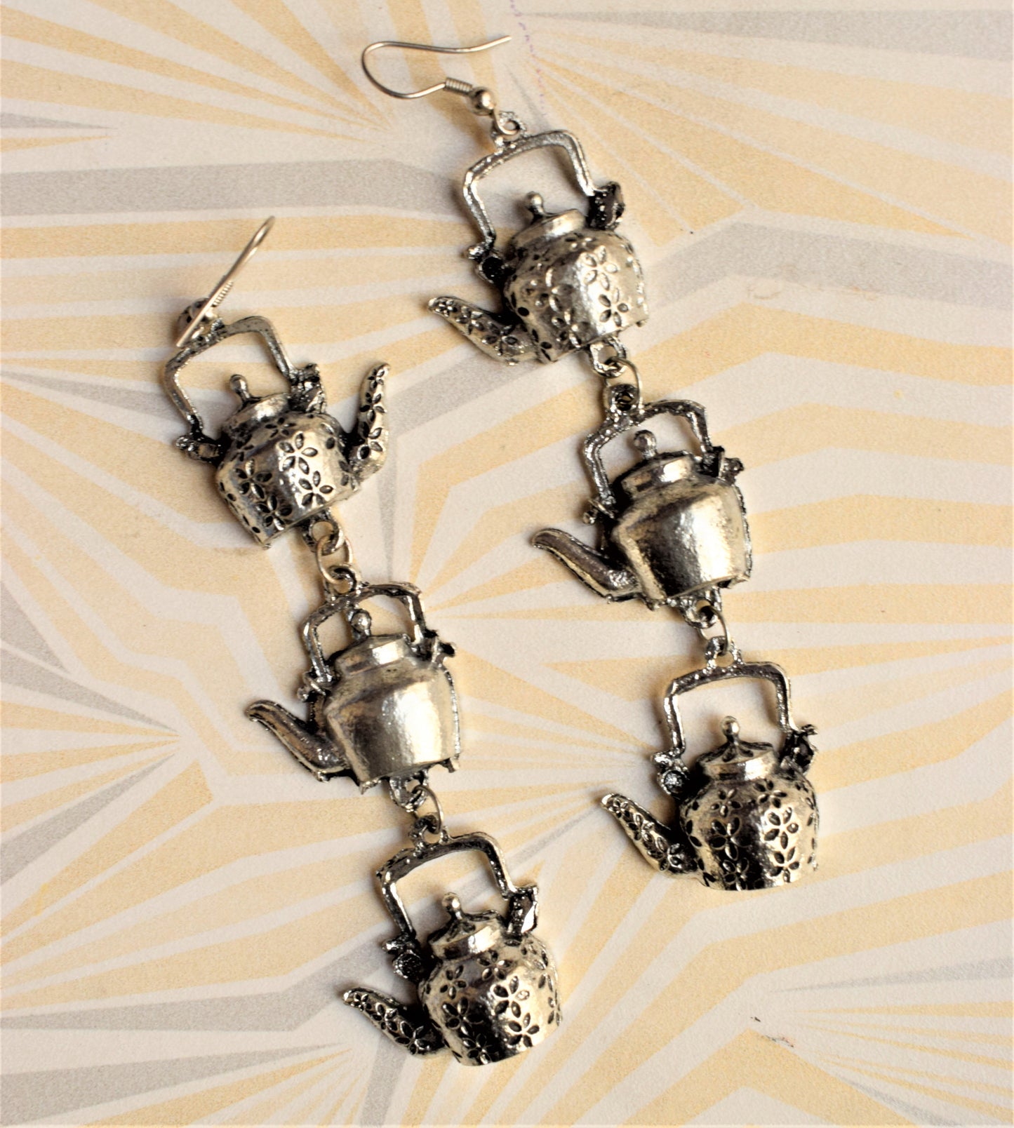 Silver Oxidized Layered Kettle Dangler Earrings