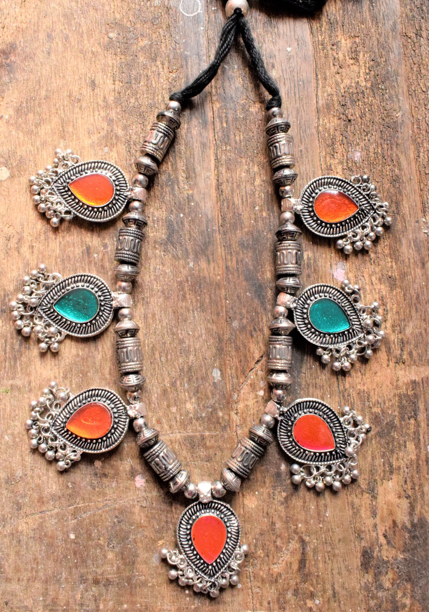 Multicolored Afghani Enamel Silver Oxidised Thread Necklace - GlitterGleam