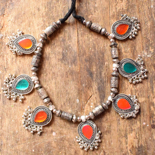 Multicolored Afghani Enamel Silver Oxidised Thread Necklace - GlitterGleam