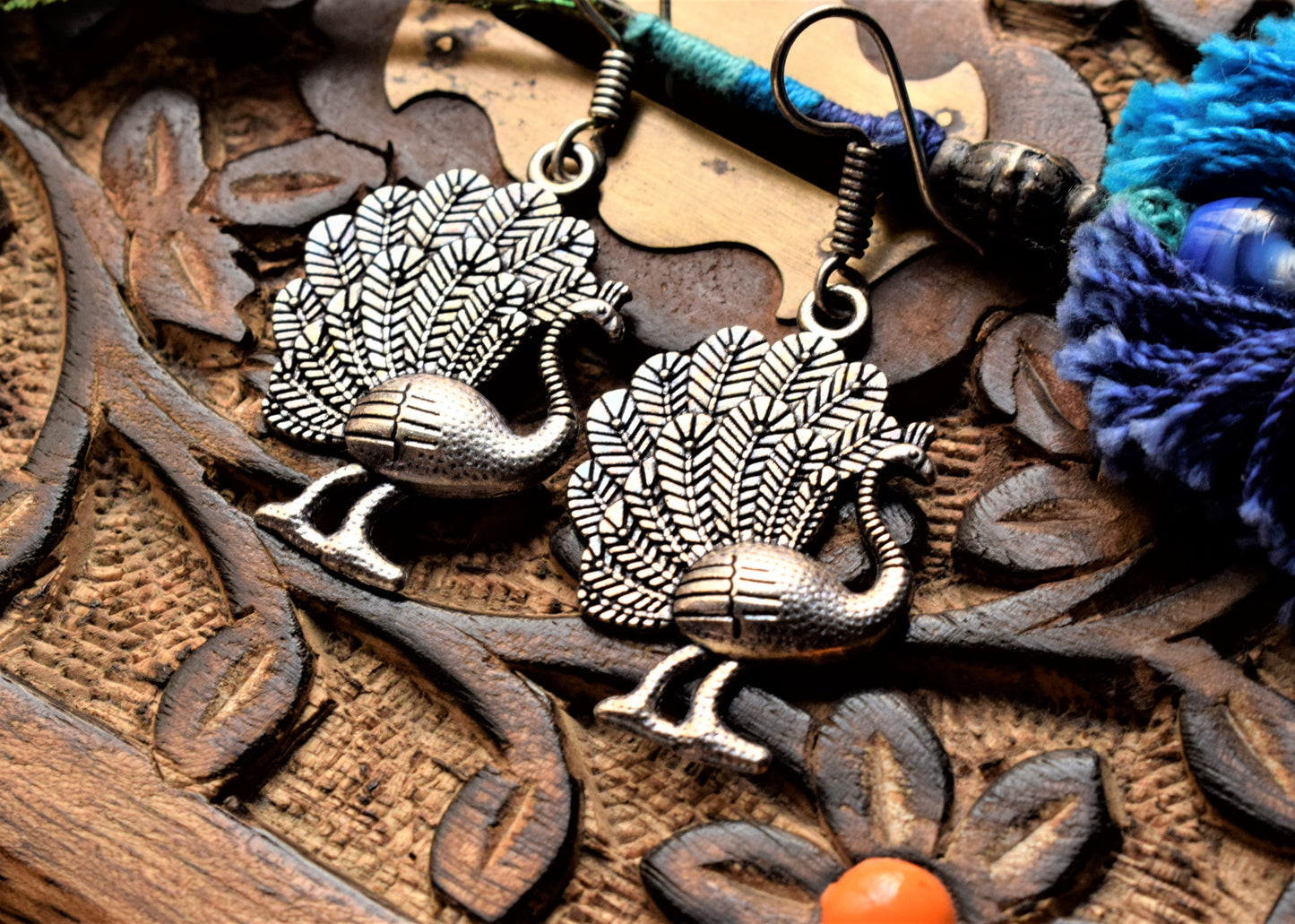 Silver Oxidized Peacock Danglers