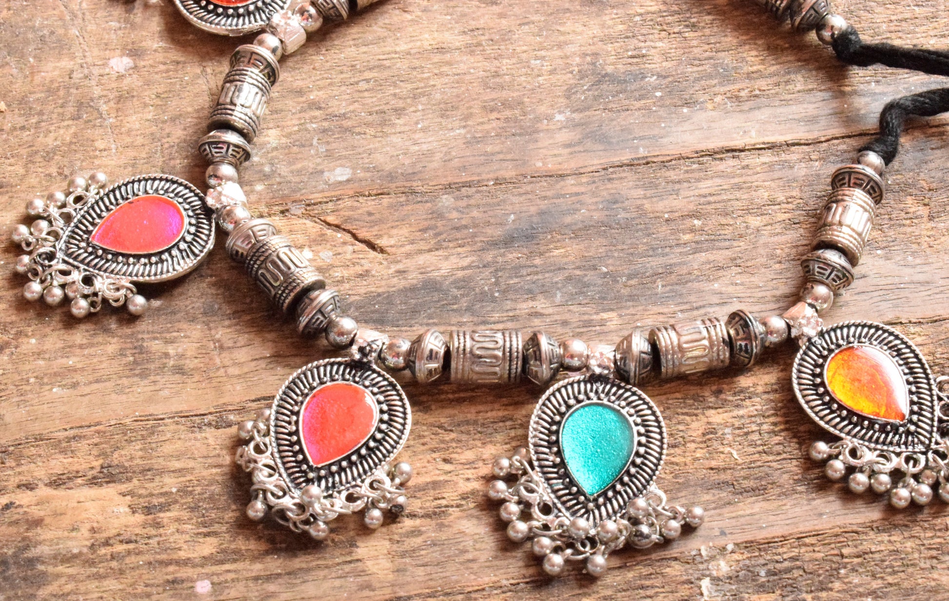 Multicolored Afghani Enamel Silver Oxidised Thread Necklace - GlitterGleam
