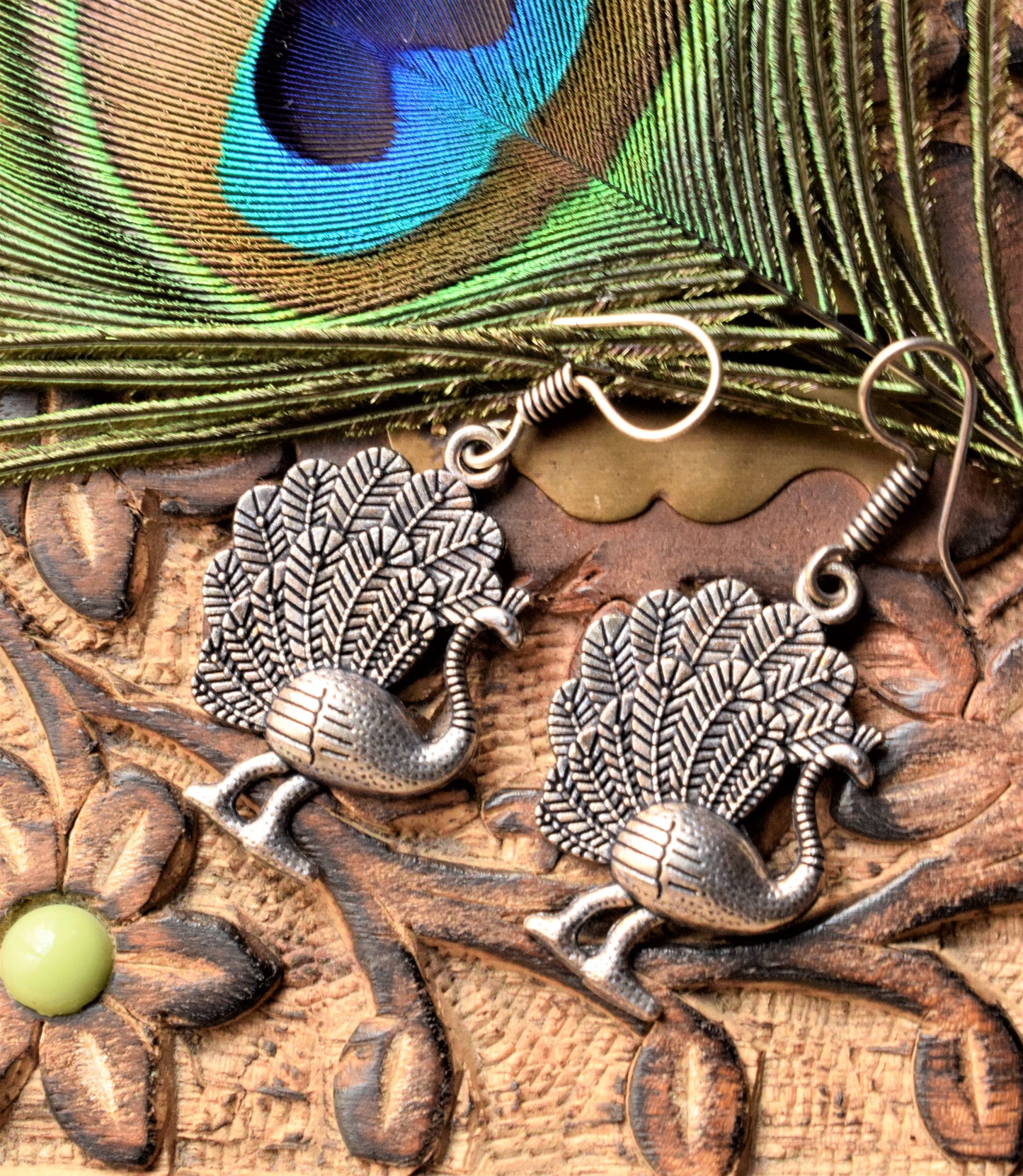 Silver Oxidized Peacock Danglers