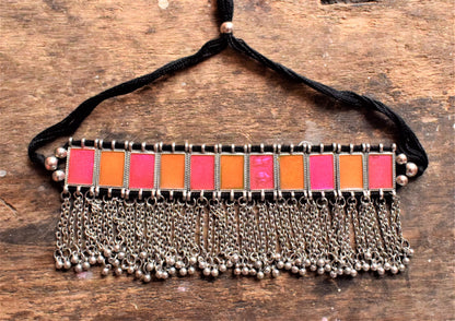 Silver Afghani Enamel Choker Necklace with Chain Tassels - GlitterGleam