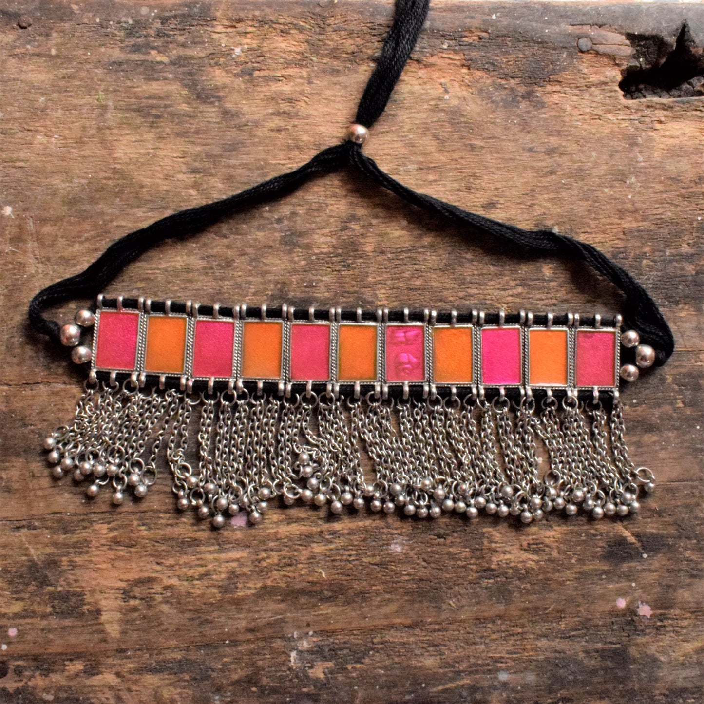 Silver Afghani Enamel Choker Necklace with Chain Tassels - GlitterGleam