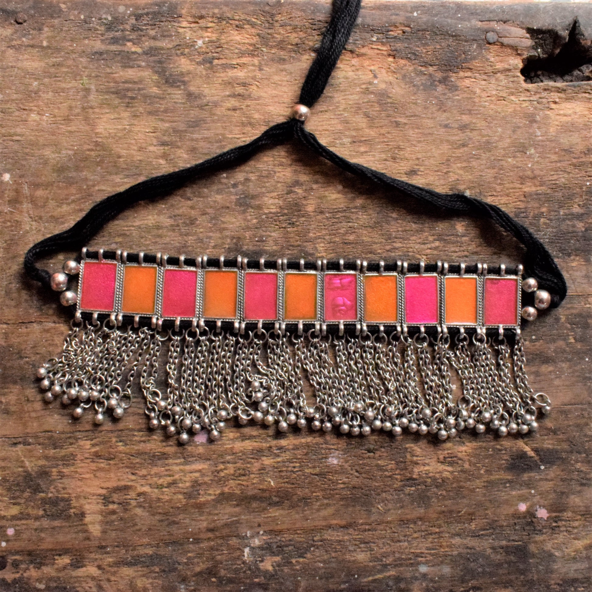 Silver Afghani Enamel Choker Necklace with Chain Tassels - GlitterGleam