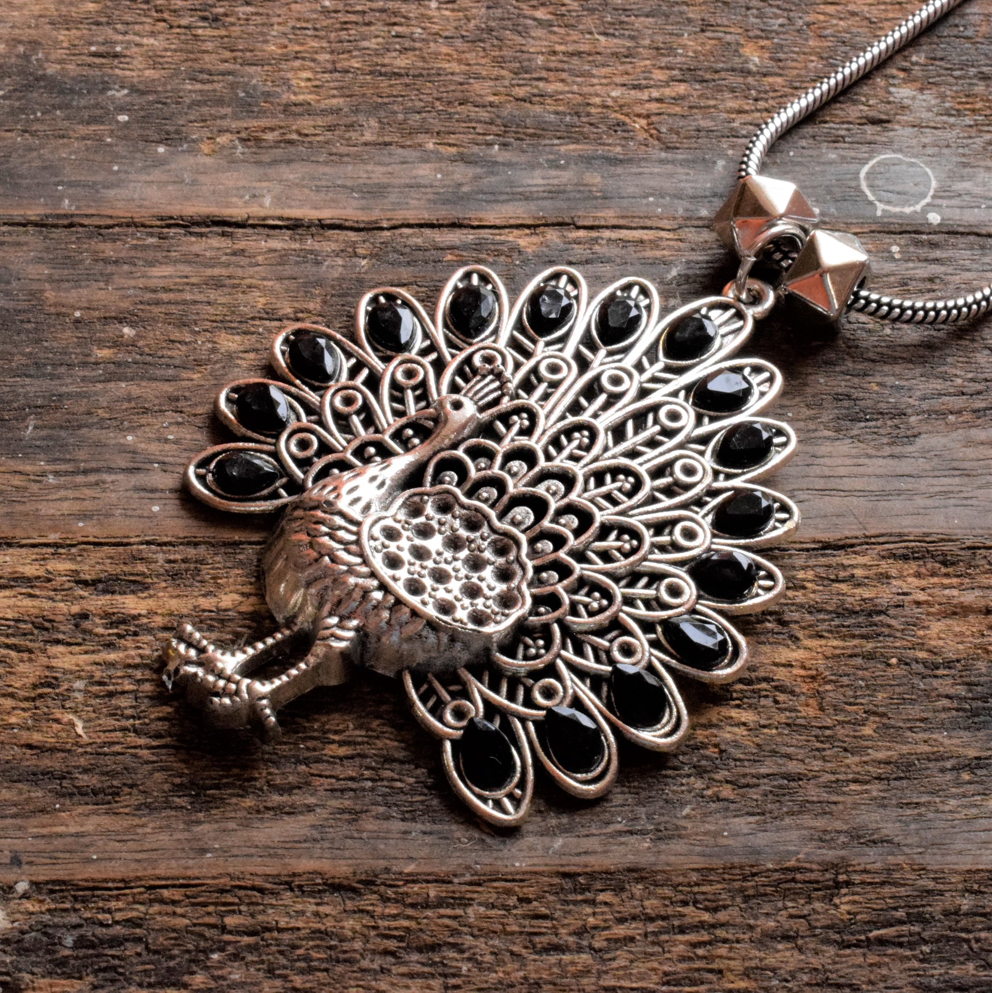 Silver Oxidised Peacock Gemstone Pendant Necklace - GlitterGleam