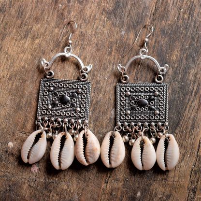 Afghani Seashell Square Danglers - GlitterGleam