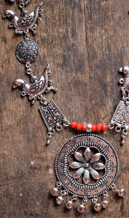 German Silver Bird Flower Pendant Necklace Set - GlitterGleam