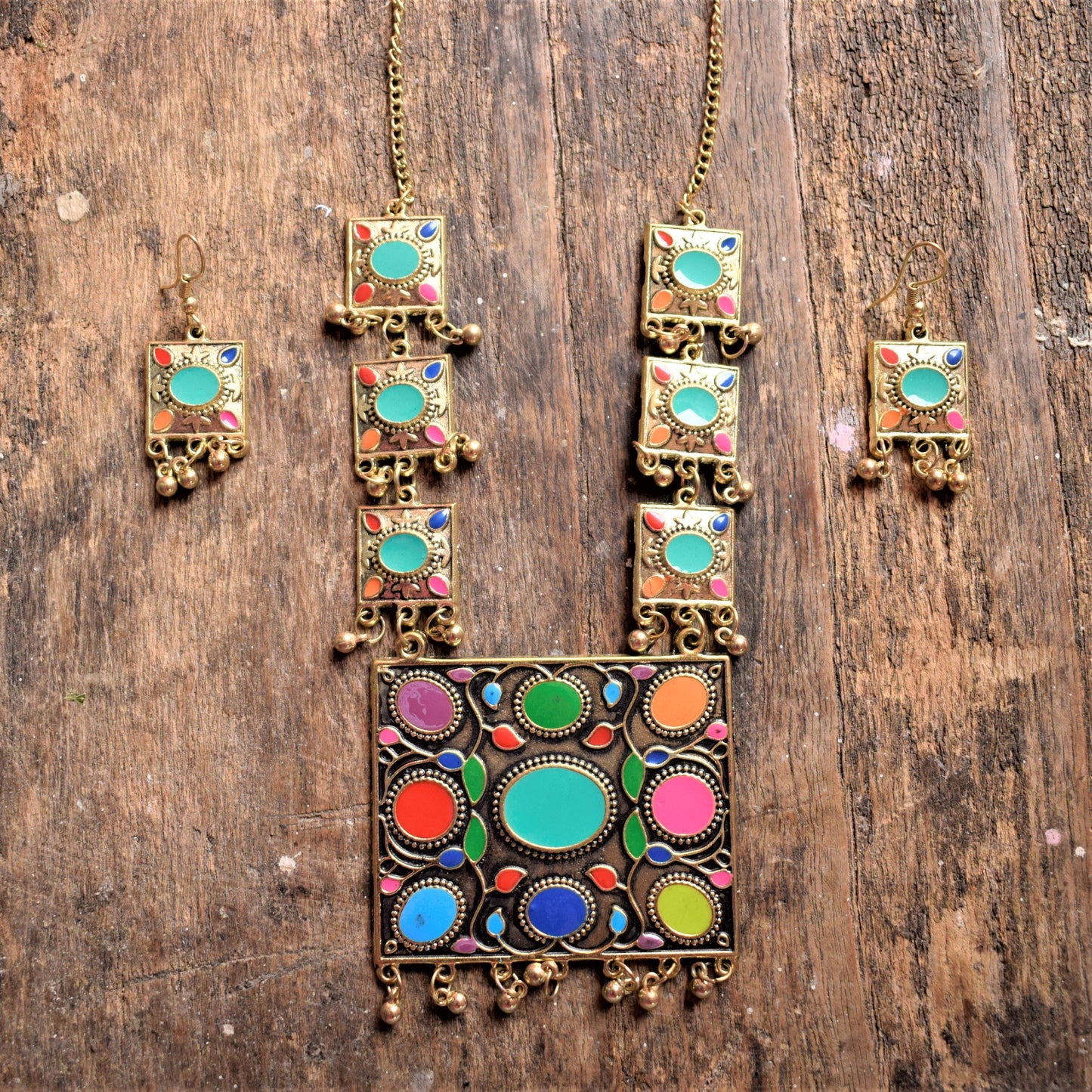 Afghani Square Oxidised Necklace with Earrings - GlitterGleam