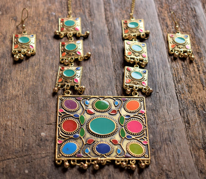 Afghani Square Oxidised Necklace with Earrings - GlitterGleam