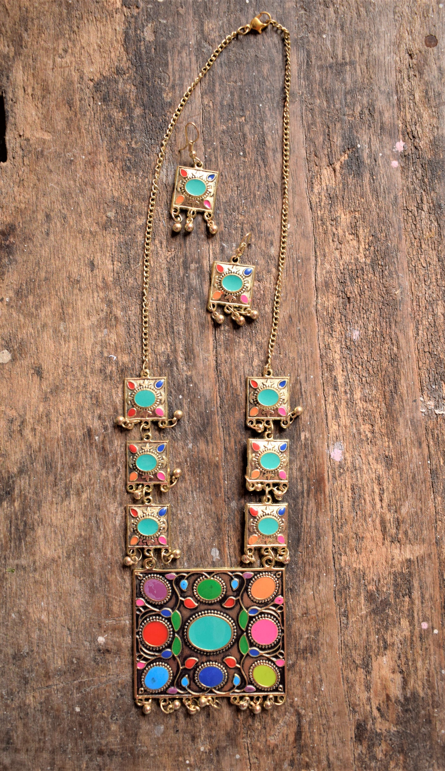 Afghani Square Oxidised Necklace with Earrings - GlitterGleam