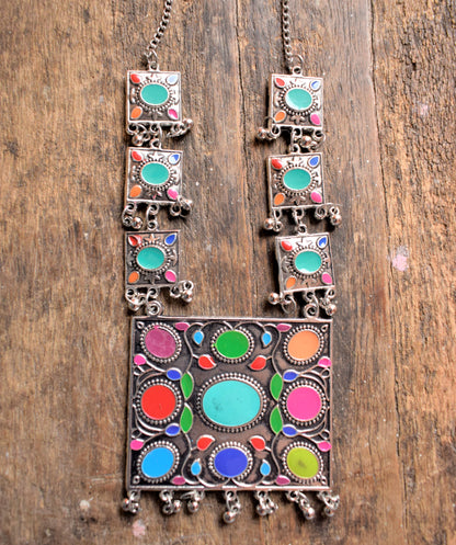 Afghani Square Oxidised Necklace with Earrings - GlitterGleam