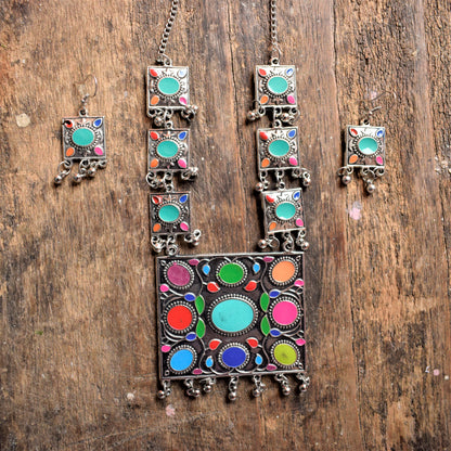 Afghani Square Oxidised Necklace with Earrings - GlitterGleam