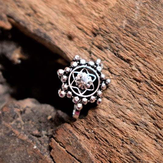 Silver Oxidized Flower Crystal Nose Push Pin