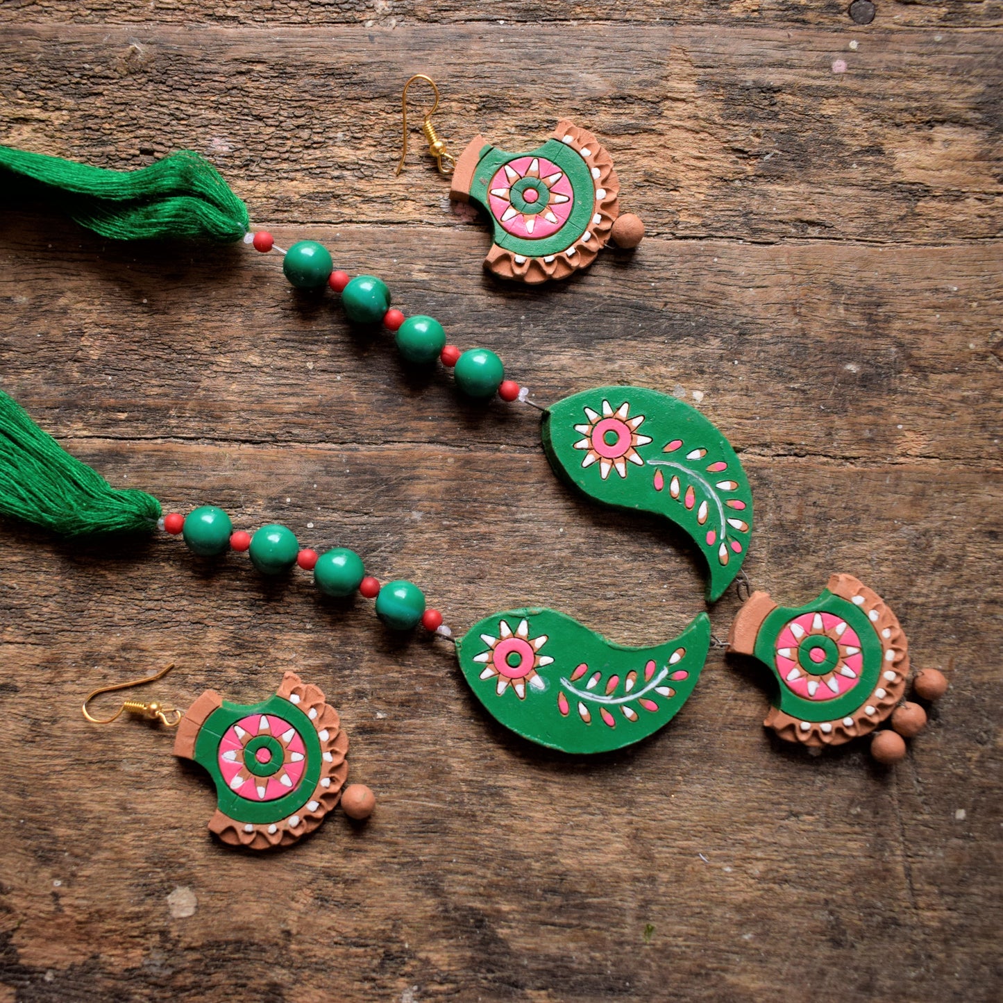 Handcrafted Terracotta Thread Bead Necklace with Earrings - GlitterGleam