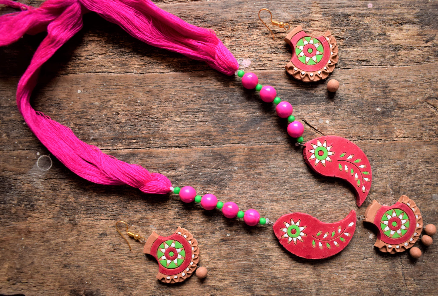 Handcrafted Terracotta Thread Bead Necklace with Earrings - GlitterGleam