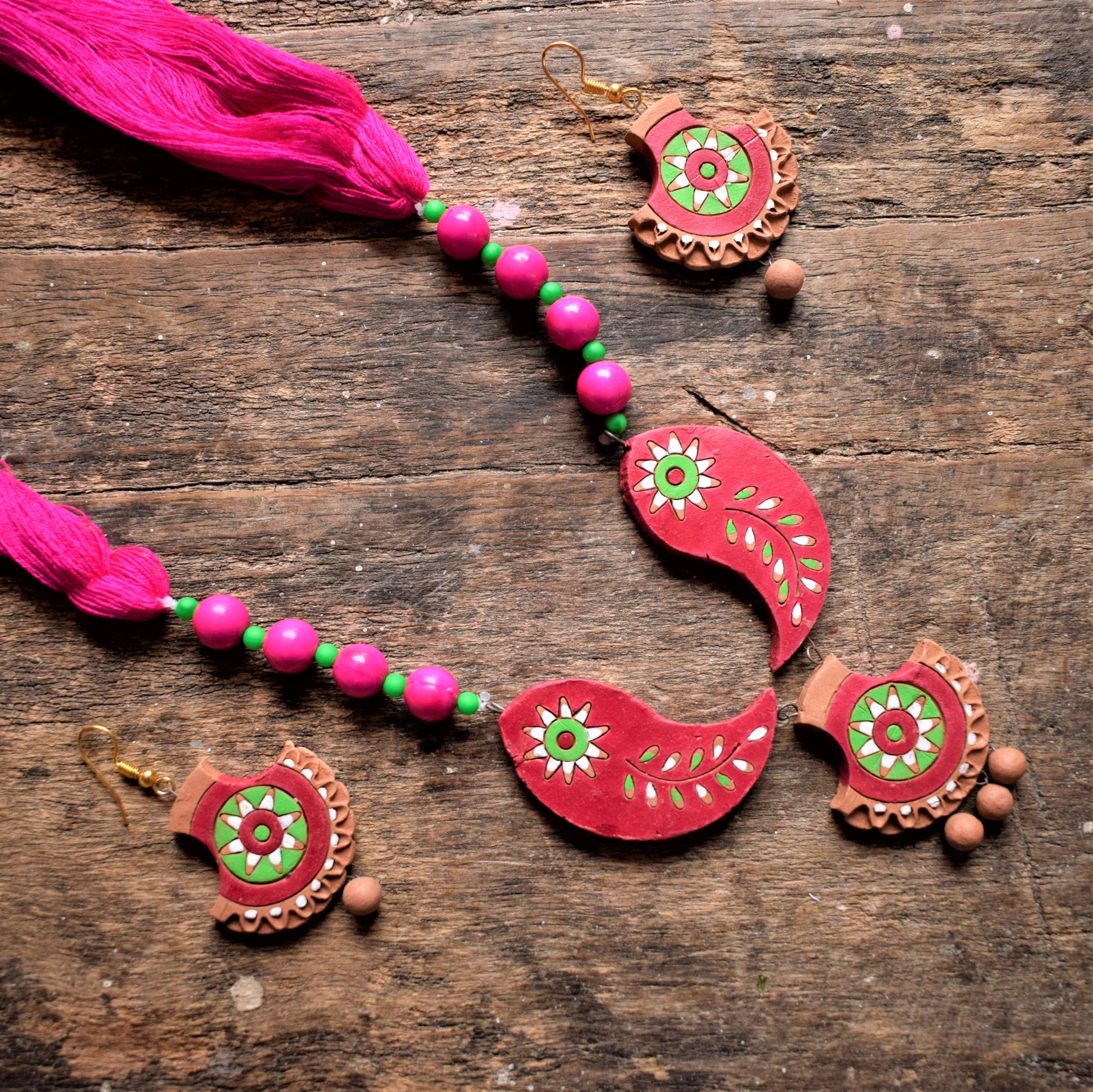 Handcrafted Terracotta Thread Bead Necklace with Earrings - GlitterGleam