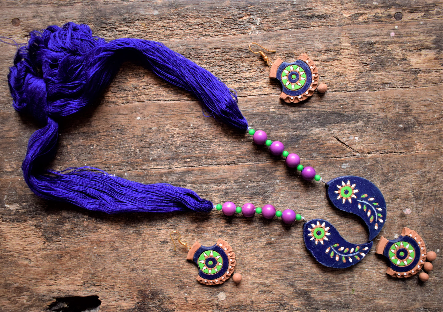 Handcrafted Terracotta Thread Bead Necklace with Earrings - GlitterGleam